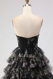 Black Tiered Ruffle A-Line Strapless Cut Out Long Prom Dress with Bows