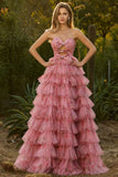 Pink Flower A-Line Cut Out Strapless Tiered Ruffle Long Prom Dress with Bows