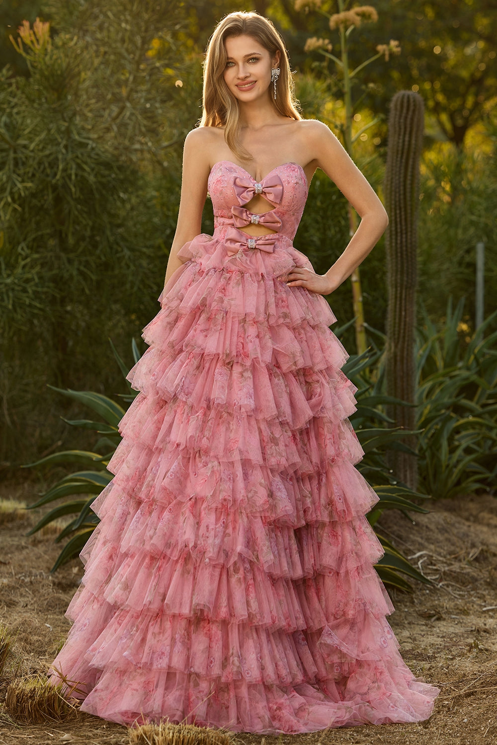 ZAPAKA Women Pink Flower Long Prom Dress with Bows A-Line Tiered Strapless Cut Out Evening Gown Dress with Ruffles ZAPAKA Women Pink Flower Long Prom Dress with Bows A-Line Tiered Strapless Cut Out Evening Gown Dress with Ruffles