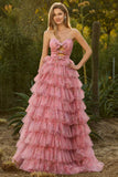 Pink Flower A-Line Cut Out Strapless Tiered Ruffle Long Prom Dress with Bows