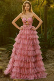 Pink Flower A-Line Cut Out Strapless Tiered Ruffle Long Prom Dress with Bows