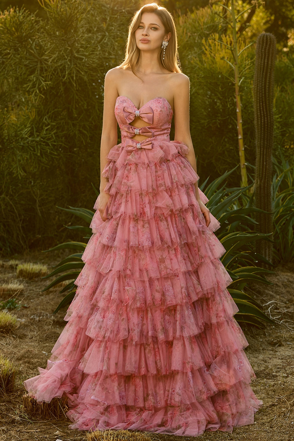 tiered ruffle prom dress Ruffled Dresses A striking left slit serves to elongate the leg line Pink Strapless A-Line Floral Printed