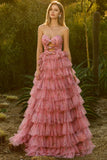 Pink Flower A-Line Cut Out Strapless Tiered Ruffle Long Prom Dress with Bows