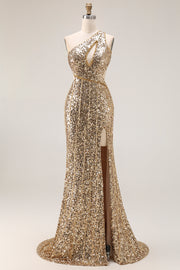 Sparkly One Shoulder Cut Out Mermaid Golden Sequin Long Prom Dress with Slit