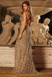 Sparkly Golden One Shoulder Mermaid Keyhole Sequin Long Prom Dress with Slit
