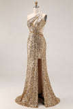Sparkly One Shoulder Cut Out Mermaid Golden Sequin Long Prom Dress with Slit