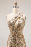 Sparkly One Shoulder Cut Out Mermaid Golden Sequin Long Prom Dress with Slit