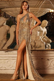 Sparkly Golden One Shoulder Mermaid Keyhole Sequin Long Prom Dress with Slit