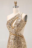 Sparkly One Shoulder Cut Out Mermaid Golden Sequin Long Prom Dress with Slit