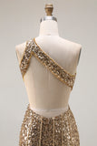 Sparkly One Shoulder Cut Out Mermaid Golden Sequin Long Prom Dress with Slit