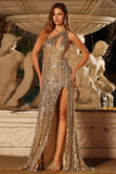 Sparkly Golden One Shoulder Mermaid Keyhole Sequin Long Prom Dress with Slit