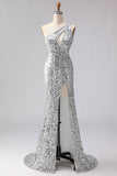 Sparkly Silver One Shoulder Cut Out Mermaid Sequin Long Prom Dress with Slit