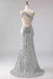 Sparkly Silver One Shoulder Cut Out Mermaid Sequin Long Prom Dress with Slit
