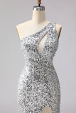 Sparkly Silver One Shoulder Cut Out Mermaid Sequin Long Prom Dress with Slit