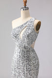 Sparkly Silver One Shoulder Cut Out Mermaid Sequin Long Prom Dress with Slit