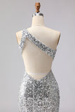 Sparkly Silver One Shoulder Cut Out Mermaid Sequin Long Prom Dress with Slit