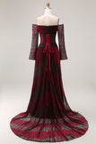 Black Red Off the Shoulder Printed A-Line Prom Dress with Long Sleeves