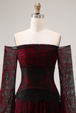Black Red Off the Shoulder Printed A-Line Prom Dress with Long Sleeves
