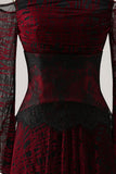 Black Red Off the Shoulder Printed A-Line Prom Dress with Long Sleeves