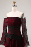Black Red Off the Shoulder Printed A-Line Prom Dress with Long Sleeves