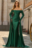 Dark Green Off The Shoulder Ruched Satin Mermaid Long Prom Dress with Long Sleeves