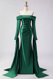 Dark Green Off The Shoulder Ruched Satin Mermaid Long Prom Dress with Long Sleeves
