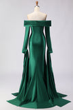 Dark Green Off The Shoulder Ruched Satin Mermaid Long Prom Dress with Long Sleeves