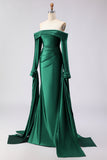 Dark Green Mermaid Off The Shoulder Satin Long Prom Dress with Long Sleeve