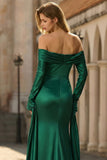 Dark Green Off The Shoulder Ruched Satin Mermaid Long Prom Dress with Long Sleeves