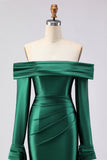 Dark Green Mermaid Off The Shoulder Satin Long Prom Dress with Long Sleeve