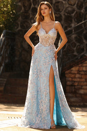 Blue Sequins A Line Sheer Corset 3D Flowers Long Prom Dress with Slit