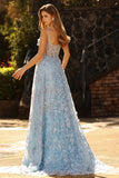 Blue Sequins A Line Sheer Corset 3D Flowers Long Prom Dress with Slit