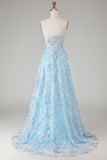 Blue Sequins A Line Sheer Corset Appliqued Long Prom Dress with Slit