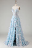 Blue Sequins A Line Sheer Corset Appliqued Long Prom Dress with Slit