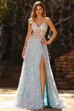 Blue Sequins A Line Sheer Corset 3D Flowers Long Prom Dress with Slit