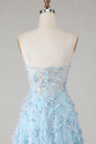 Blue Sequins A Line Sheer Corset Appliqued Long Prom Dress with Slit