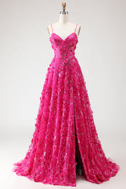 Fuchsia A Line Sequins Sheer Corset 3D Flowers Long Prom Dress with Slit