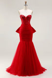 Glitter Red Mermaid Sweetheart Corset Sequin Ruched Long Prom Dress with Bow