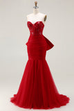 Glitter Red Mermaid Sweetheart Corset Sequin Ruched Long Prom Dress with Bow