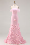 Pink 3D Flowers Off the Shoulder Mermaid Prom Dress