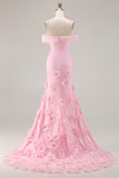 Pink 3D Flowers Off the Shoulder Mermaid Prom Dress