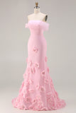 Pink 3D Flowers Off the Shoulder Mermaid Prom Dress