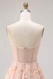 Blush A-Line Tulle Appliqued Corset Convertible Long Prom Dress with Sleeves