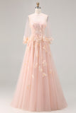 Blush A-Line Tulle Appliqued Corset Convertible Long Prom Dress with Sleeves