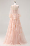 Blush A-Line Tulle Appliqued Corset Convertible Long Prom Dress with Sleeves