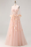Blush A-Line Tulle Appliqued Corset Convertible Long Prom Dress with Sleeves