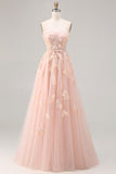 Blush A-Line Tulle Appliqued Corset Convertible Long Prom Dress with Sleeves
