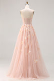 Blush A-Line Tulle Appliqued Corset Convertible Long Prom Dress with Sleeves