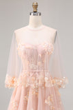 Blush A-Line Tulle Appliqued Corset Convertible Long Prom Dress with Sleeves