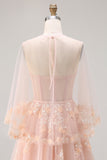 Blush A-Line Tulle Appliqued Corset Convertible Long Prom Dress with Sleeves